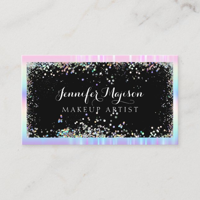 Holographic Glitter Modern Beauty Salon Black Business Card (Front)