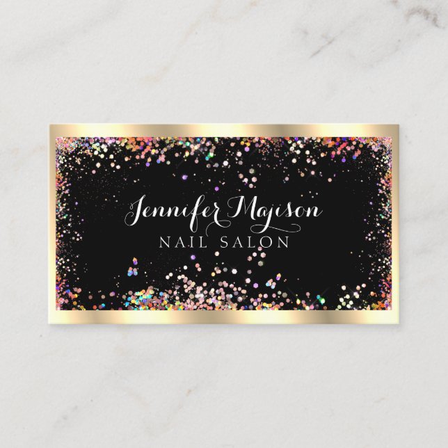 Holographic Glitter Modern Beauty Salon Gold Black Business Card (Front)