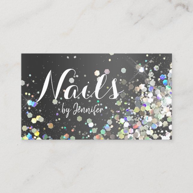 Holographic Glitter Nail Salon Elegant Black Chic Business Card (Front)