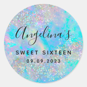 Holographic Glitter Opal Sweet Sixteen Classic Round Sticker