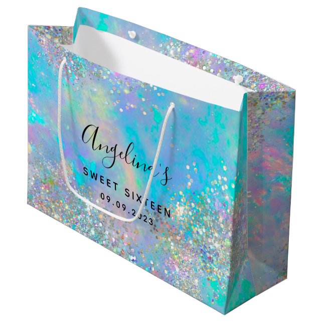 Holographic Glitter Opal Sweet Sixteen Large Gift Bag (Front Angled)