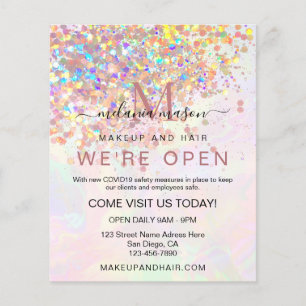 Holographic Glitter Pearl We're Open Elegant Salon Flyer