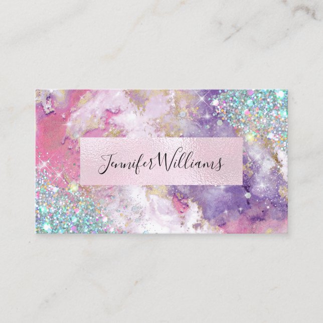 Holographic Glitter Pink Foil Purple Watercolor Business Card (Front)