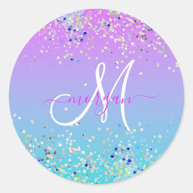 Holographic Glitter Purple Blue Ombre Monogram Classic Round Sticker (Front)