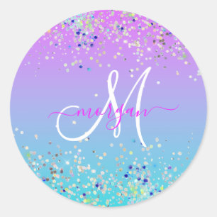 Holographic Glitter Purple Blue Ombre Monogram Classic Round Sticker