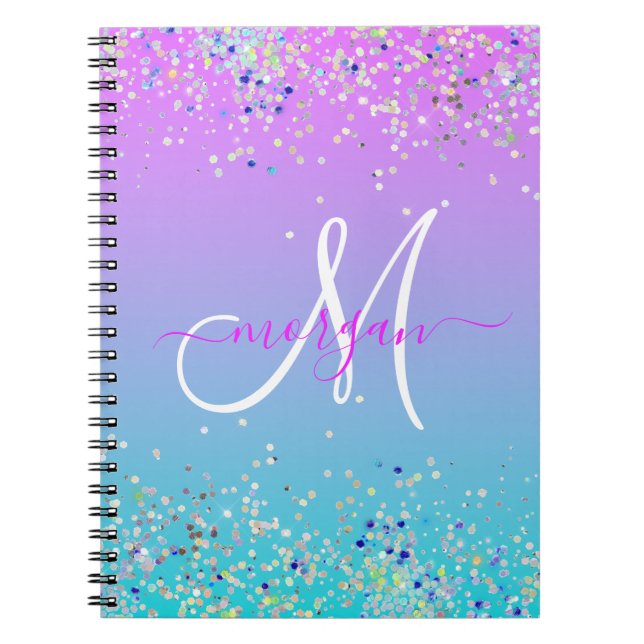 Holographic Glitter Purple Blue Ombre Monogram Notebook (Front)