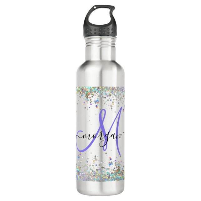Holographic Glitter Rainbow Pastels Monogram 710 Ml Water Bottle (Front)