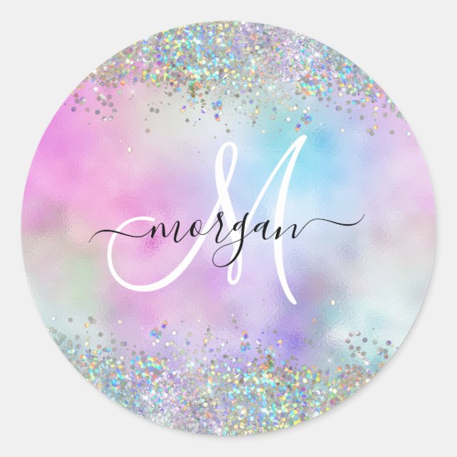Holographic Glitter Rainbow Pastels Monogram Classic Round Sticker (Front)