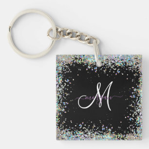 Holographic Glitter Rainbow Pastels Monogram Key Ring