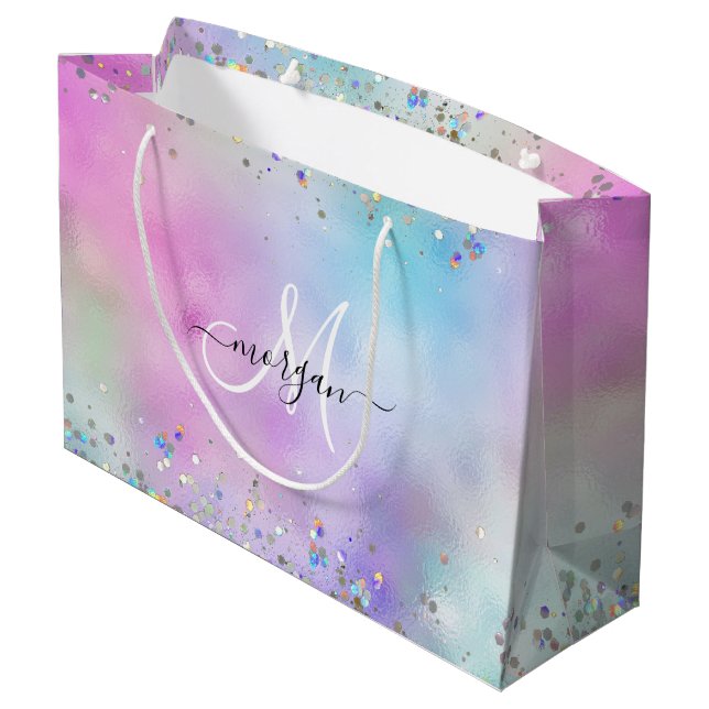 Holographic Glitter Rainbow Pastels Monogram Large Gift Bag (Back Angled)