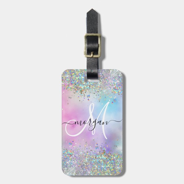 Holographic Glitter Rainbow Pastels Monogram Luggage Tag (Front Vertical)