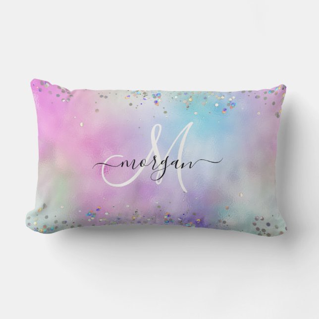 Holographic Glitter Rainbow Pastels Monogram Lumbar Cushion (Front)