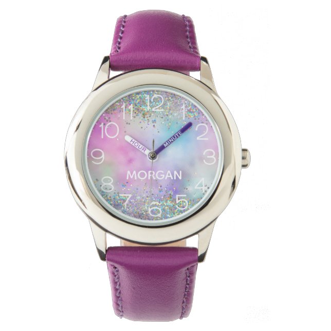 Holographic Glitter Rainbow Pastels Monogram Name Watch (Front)