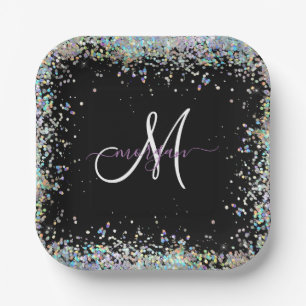 Holographic Glitter Rainbow Pastels Monogram Paper Plate