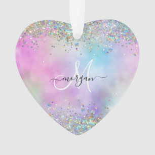 Holographic Glitter Rainbow Pastels Monogram Photo Ornament