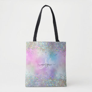 Holographic Glitter Rainbow Pastels Monogram Tote Bag