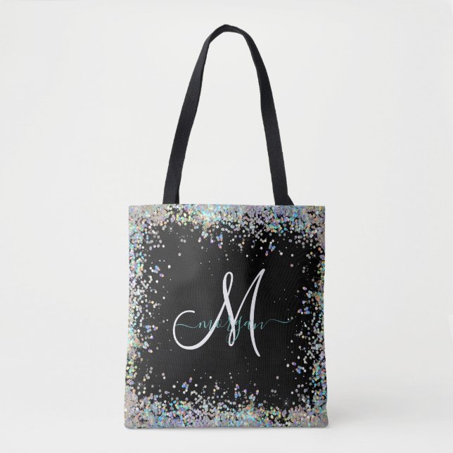 Holographic Glitter Rainbow Pastels Monogram Tote Bag (Front)
