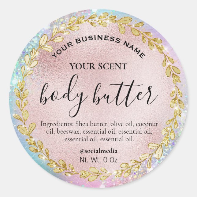 Holographic Glitter Rose Gold Pastel Body Butter Classic Round Sticker (Front)