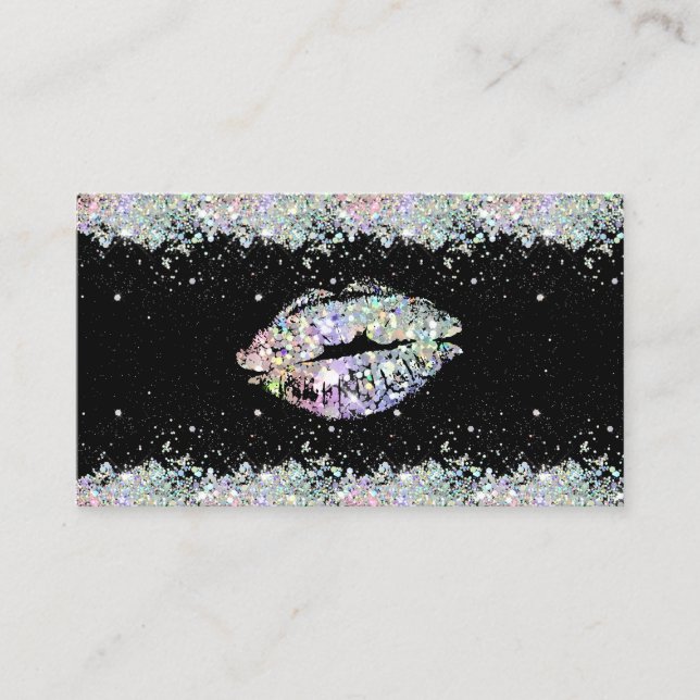 Holographic Glitter Sparkles Lips Unique Black Business Card (Front)