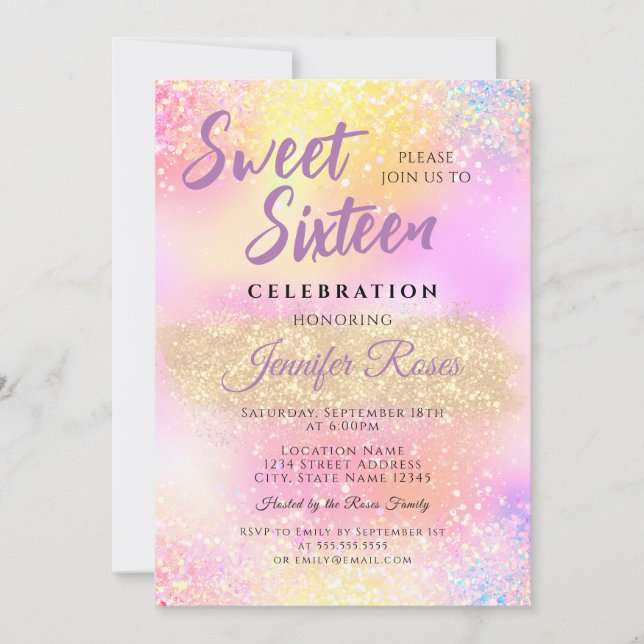 Holographic Glitter Sparkles Sweet 16 Girly Modern Invitation (Front)