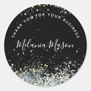 Holographic Glitter Stylish Name Black Elegant Classic Round Sticker