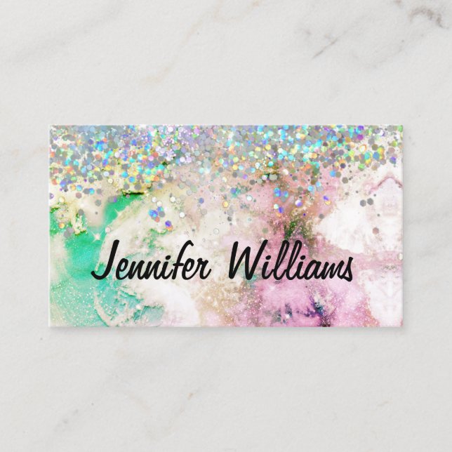 Holographic Glitter Watercolor Elegant Marble Business Card (Front)
