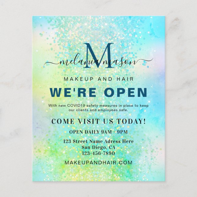 Holographic Glitter We're Open Salon Modern Beauty Flyer (Front)