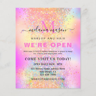Holographic Glitter We're Open Salon Modern Pink Flyer