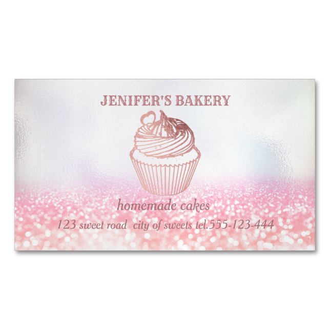 Holographic glittery Homemade cupcakes and sweets Magnetic Business Card (Front)