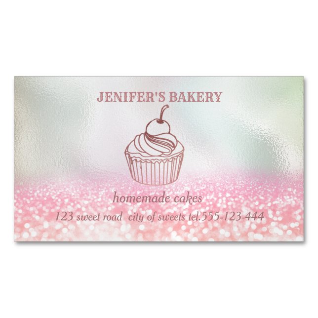 Holographic glittery Homemade cupcakes and sweets Magnetic Business Card (Front)