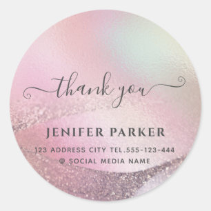 Holographic gold abstract modern script thank you classic round sticker