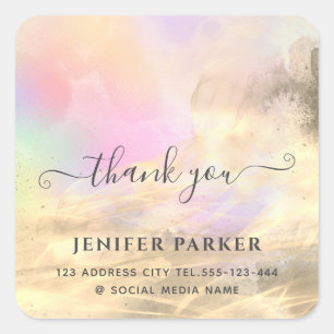 Holographic gold abstract modern script thank you square sticker