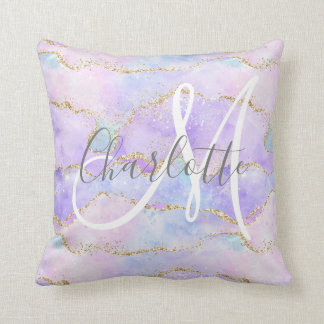 Holographic gold glitter agate monogram  cushion