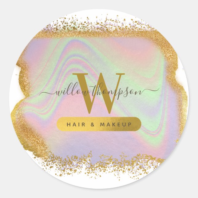 Holographic Gold Glitter Modern Hair & Makeup  Classic Round Sticker (Front)