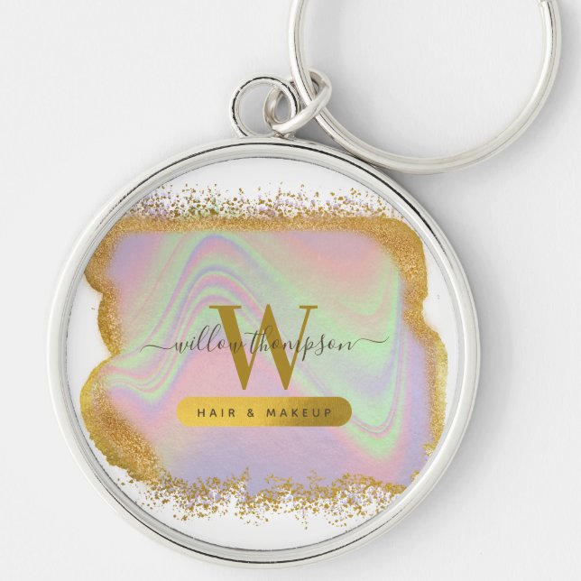 Holographic Gold Glitter Modern Hair & Makeup  Key Ring (Front)