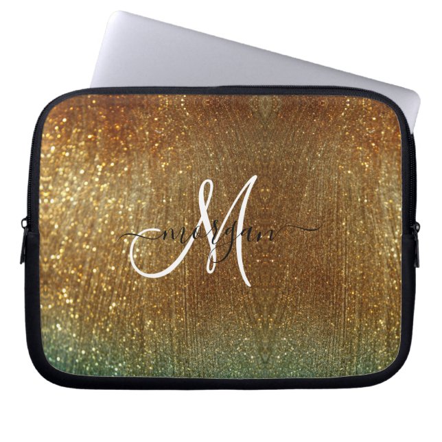 Holographic gold Glitter Monogram Laptop Sleeve (Front)