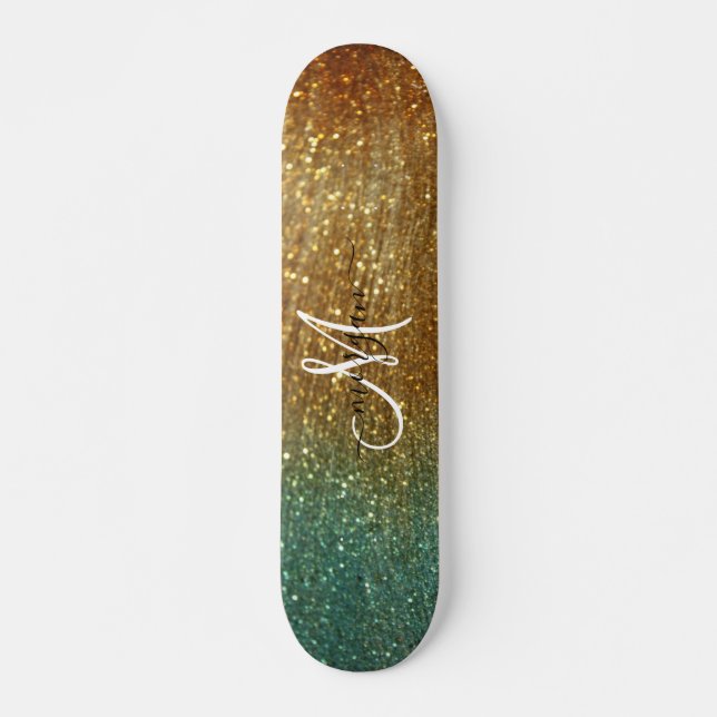 Holographic gold Glitter Monogram Skateboard (Front)