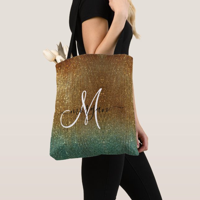 Holographic gold Glitter Monogram  Tote Bag (Close Up)