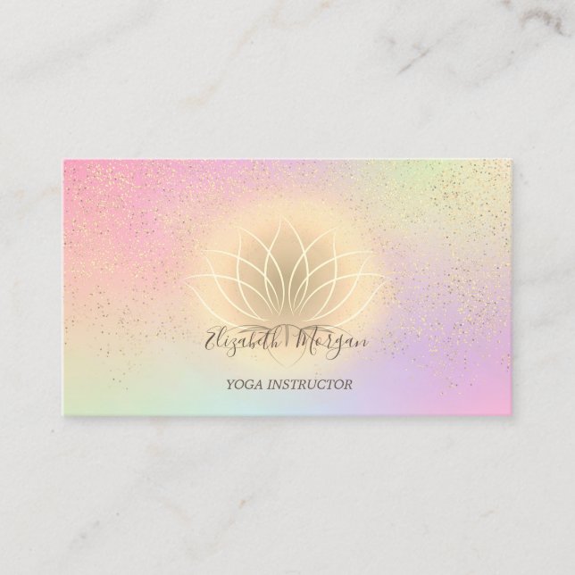 Holographic Gold Lotus Confetti Yoga Instructor Business Card (Front)