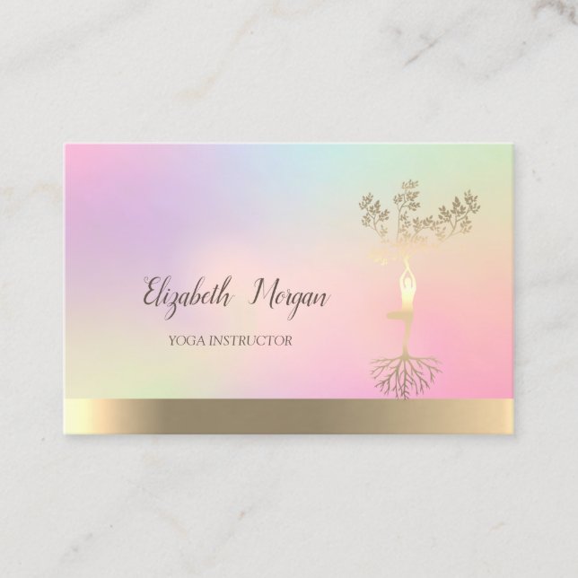 Holographic Gold Tree Women Silhouette Yoga Business Card (Front)