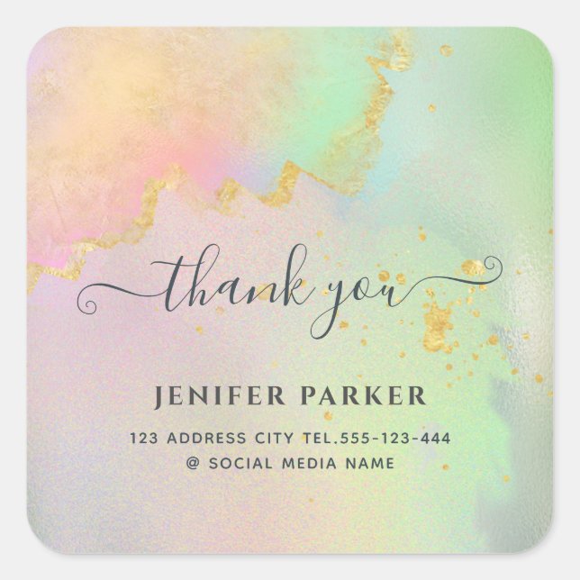 Holographic gold watercolor script thank you class square sticker (Front)