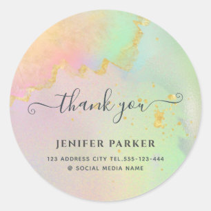 Holographic gold watercolor script thank you classic round sticker