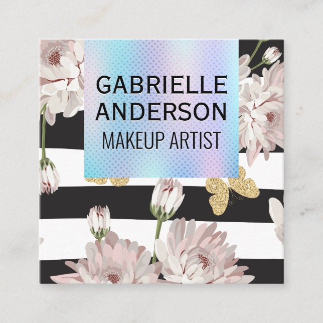 Holographic Gradient | Flowers and Butterflies Square Business Card (Front)