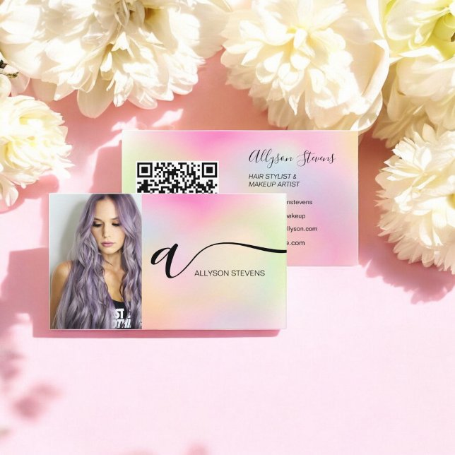 Holographic hair makeup photo initial qr code business card (Holographic hair makeup photo initial qr code business card)