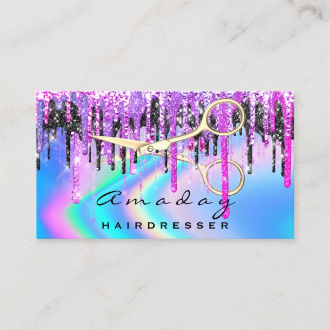 Holographic Hair Salon Beauty Salon Drips Scissors Business Card (Front)