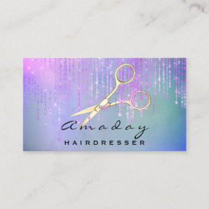 Holographic Hair Salon Golden Scissors Drips Pink Business Card