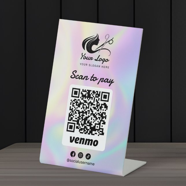 Holographic Hair Salon Logo Venmo Scan to Pay Pedestal Sign (Creator Uploaded)