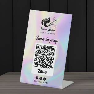 Holographic Hair Salon Logo Zelle Scan to Pay Pedestal Sign