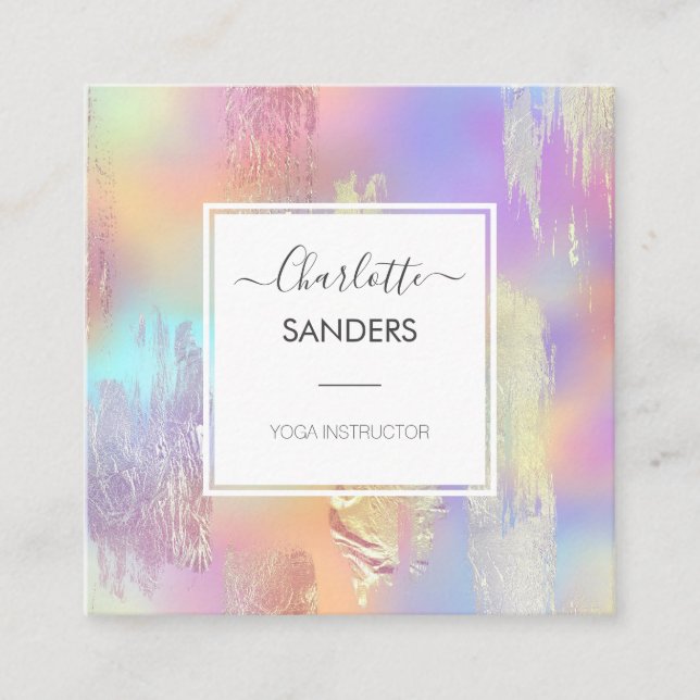 Holographic iridescent golden foil  square business card (Front)