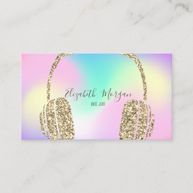 Holographic Iridescent Ombre Glitter Headphone DJ Business Card (Front)